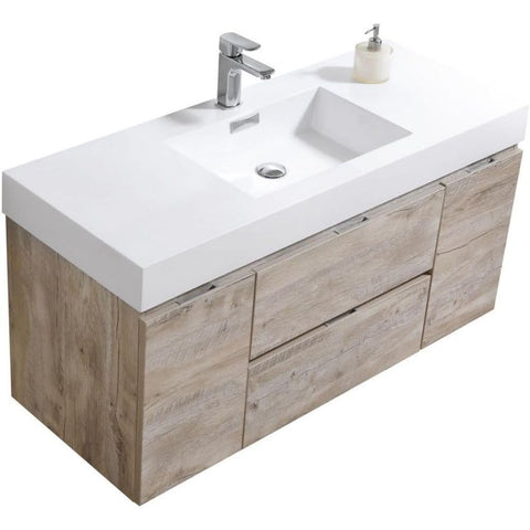 Oakestry Bliss 48-Inch Wall Mounted Bathroom Vanity Nature Wood Finish Modern Floating Cabinet with Integrated Ceramic Sink and Soft Close Drawers for Large Bathrooms