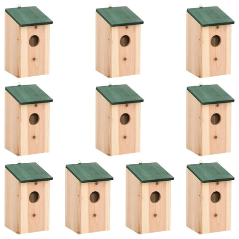 vidaXL Set of 10 Bird Houses - Hanging Solid Firwood Bird Nests - 4.7" x 4.7" x 8.7" - Wood Colored Housing with Green Roof