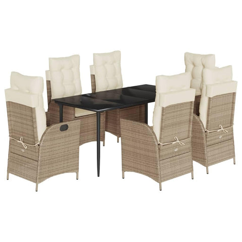 vidaXL 7 Piece Patio Dining Set - Beige Poly Rattan Furniture with Cushions, Adjustable Backrest Chairs, Tempered Glass Table, Weather- Outdoor Seating