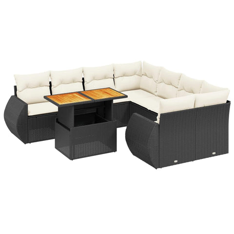 vidaXL 9 Piece Modular Garden Sofa Set with Cushions Black Poly Rattan Outdoor Lounge Furniture Durable UV Resistant Seating Patio Sectional for Conversation