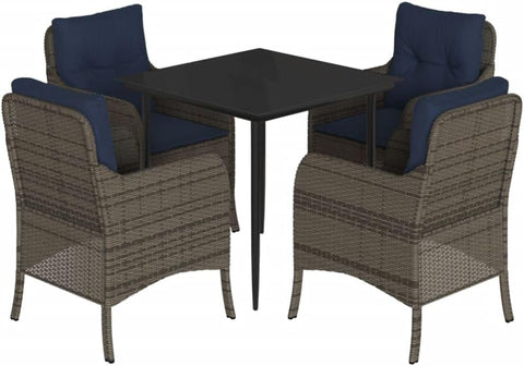 vidaXL 3Pc Patio Dining Set - Gray Poly Rattan w/Cushions, Tempered Glass Table, UV- for Garden & Outdoor Use