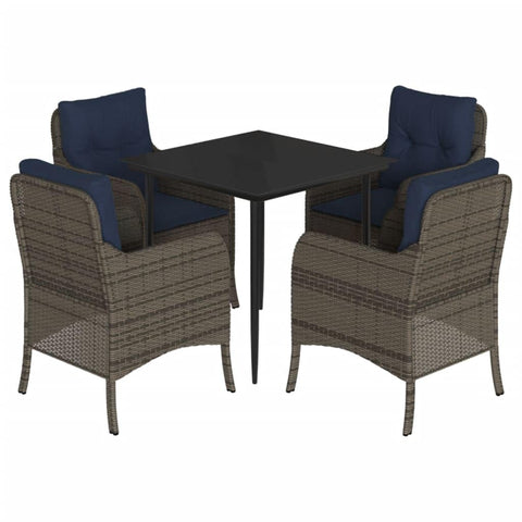 vidaXL 5-Piece Outdoor Patio Dining Set - Gray Poly Rattan Furniture with Navy Cushions, Glass Table Top, and Steel Frame