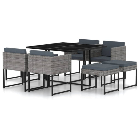 vidaXL 9 Piece Gray Patio Dining Set- Modern Outdoor Poly Rattan Furniture with Comfortable Cushions, Weather-Resistant