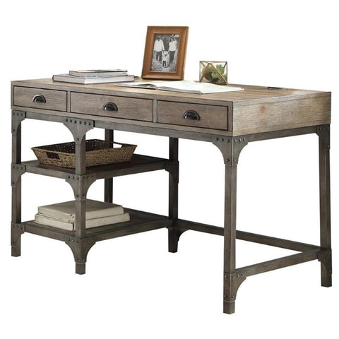 Acme Gorden 3-Drawer Wooden Writing Desk in Weathered Oak and Antique Silver