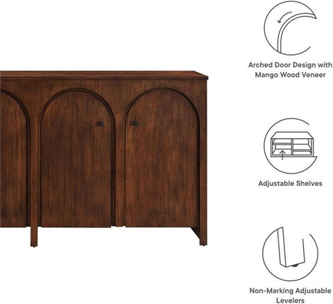 Modway Appia 71 Inch 4 Door Storage Cabinet in Walnut Wood Veneer - Arched Door Accent Credenza -Modern Sideboard - Adjustable Shelf Buffet - Mid-Century Storage Furniture - Console TV Stand