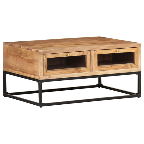 vidaXL Coffee Table, End Table with Steel Base, Side Table with 2 Drawers for Living Room Bedroom, Industrial, Solid Wood Acacia 35,4 Inch
