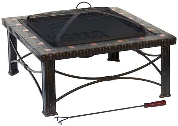 AZ Patio Heaters 30 Inch Square Outdoor Patio Deck Portable Slate Tile Wood Burning Fire Pit Heater with Cover, Black