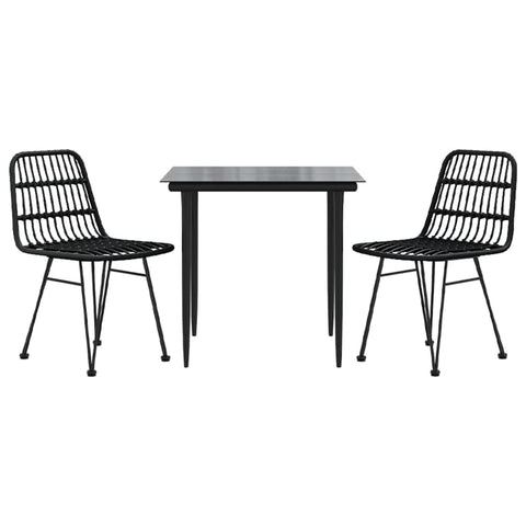 vidaXL 3-Piece Patio Dining Set - Black Poly Rattan - Outdoor Furniture with Smooth Tempered Glass Tabletop and Comfortable Chairs