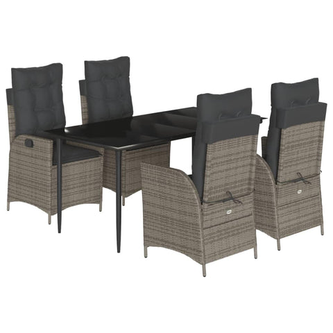 vidaXL - 5 Piece Patio Dining Set - Gray Poly Rattan - Adjustable Reclining Chairs - Cushioned with Removable Covers - Tempered Glass Tabletop - Outdoor/Garden/Backyard/Patio Furniture