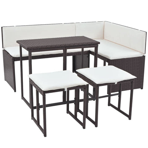 vidaXL 5-Piece Patio Dining Set, Outdoor Lounge Set with Steel Frame and Poly Rattan in Brown â€“ Includes 2-Seater Sofa, Corner Sofa, Folding Table, Stools, and Cushions
