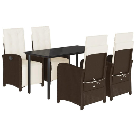vidaXL 5-Piece Patio Dining Set with Adjustable Reclining Rattan Chairs and Cushions - Brown Poly Rattan, Tempered Glass Tabletop
