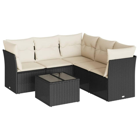 vidaXL Patio Sofa Set with Cushions 6 Piece, Sectional Sofa with Glass Table, Outdoor Conversation Set, Modern Style, Black Poly Rattan