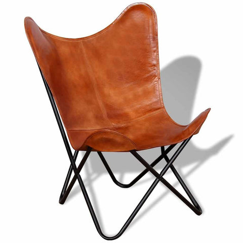 vidaXL Butterfly Chair Vintage-Style with Real Leather and Powder-Coated Iron Frame, Ergonomically Designed, Lightweight, Handmade, Brown