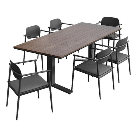 Modway Aeris 7-Piece Outdoor Patio Dining Set in Charcoal – 91 Inch Rectangular Aluminum Dining Table with Slatted Faux Wood Top and Outdoor Chairs - Patio Dining Set for 6