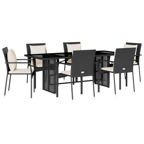 vidaXL 7 Piece Patio Dining Set â€“ Poly Rattan, Black Furniture with Cushions, Tempered Glass Tabletop