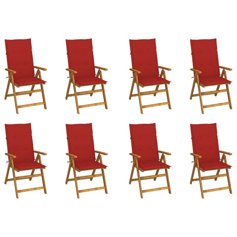 vidaXL Acacia Wood Recliner Chairs-Set of 8 with Red Cushions, Adjustable Vintage Outdoor Garden Patio Seating, Foldable for Space-Saving