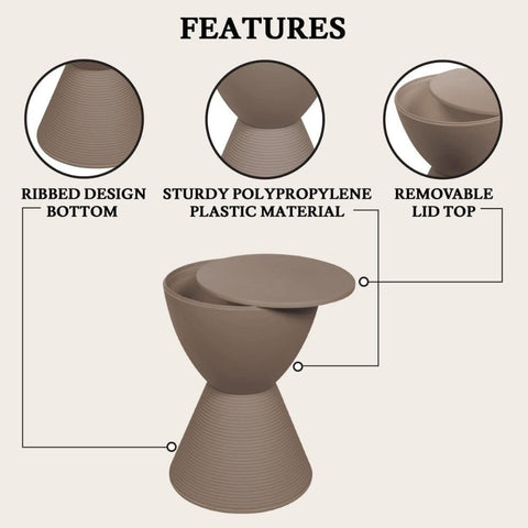 Taupe Side Table Modern ABS Shell Ribbed Hourglass Drum Accent Compact End Table with Removable Lid Storage for Indoor Outdoor Use 16.75H x 11.75W x 11.75D Boyd Series