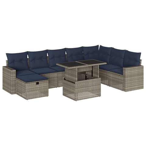 vidaXL Patio Sofa Set with Cushions 9 Piece, Lounge Set with Table and Footstool, Sectional Sofa for Garden Backyard, Modern, Gray Poly Rattan