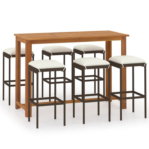 vidaXL 7 Piece Outdoor Patio Bar Set - Sturdy and Elegant Design - Made from Solid Acacia Wood and Weather-Resistant PE Rattan - with Cushions