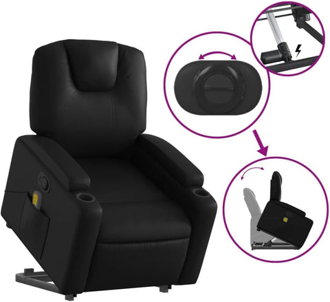 vidaXL Stand up Massage Recliner Chair - Power Lift Armchair, Electric Motor, Manual Tilt, Vibration Massage, Cup Holders, Faux Leather in Black