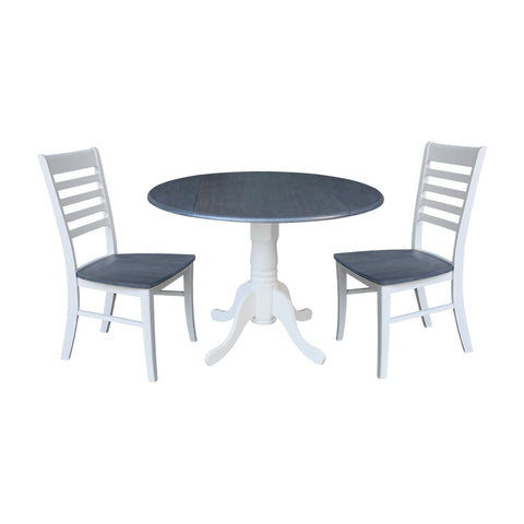 IC INTERNATIONAL CONCEPTS 42 in. Drop Leaf Wood Dining Table and 2 Ladderback Chairs in White/Heather Gray