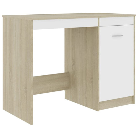 vidaXL Sleek Desk, White and Sonoma Oak Finish, Engineered Wood Construction, Integrated Storage Cabinet, Modern Scandinavian Design, 39.4â€x19.7â€x29.9â€