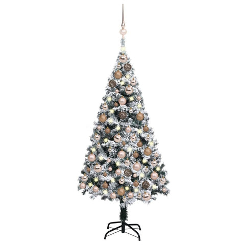 vidaXL Artificial Pre-lit Christmas Tree - Green PVC with Ball Set, 150 LED Lights, Flocked Snow, 59.1" Height, 37.4" Diameter, Complete Xmas Decoration