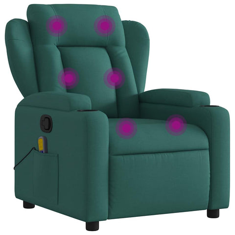 vidaXL Dark Green Fabric Massage Recliner - Manual Armchair with Vibration, Convenient Cup Holders, Side Pocket, Comfortable Padded Seating