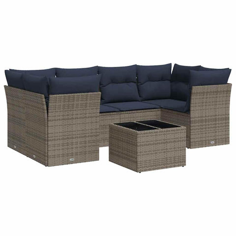 vidaXL Patio Sofa Set with Cushions 7 Piece, Sectional Sofa with Glass Table, Outdoor Conversation Set, Modern Style, Gray Poly Rattan