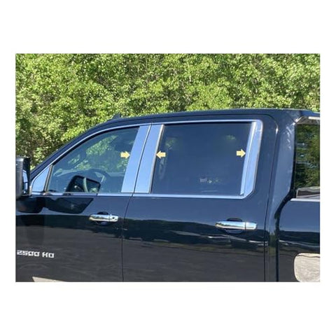 QAA Part PP60151 is a 6 Piece Stainless Steel Pillar Post Trim That is Compatible with Chevrolet Silverado 2500/3500 HD, 2020-2026, GMC Sierra 2500/3500 HD, 2020-2026, Crew Cab