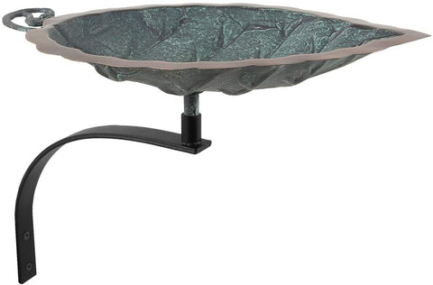 Oakestry BB-04-WM Aspen Leaf Wall Mount Bracket Birdbath with Embossed Leaf Design and Curled stem Detail, Plated with Antique Brass in Black
