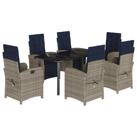 vidaXL 5-Piece Patio Dining Set - Gray Poly Rattan with Adjustable Recliners, Navy Blue Cushions, Tempered Glass Table