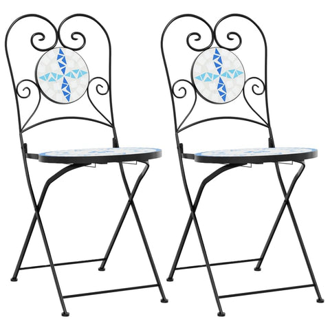 vidaXL Bistro Chairs - Foldable Ceramic Seating - 2 pcs Blue & White Mosaic - for Garden/Patio/Indoor - 15" x 17.9" x 35.2"
