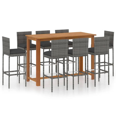 vidaXL Patio Bar Set 9 Piece, Outdoor Bar Table and Stools with Wood Tabletop, Patio Furniture Set with Cushions, Dining Set for Garden, Farmhouse, Gray