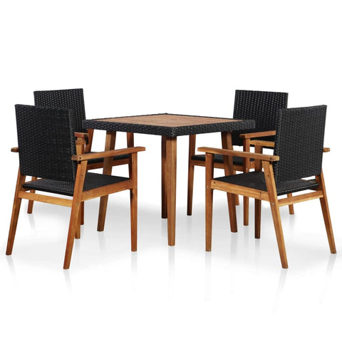 vidaXL 5-Piece Patio Dining Set - Vintage Design with Black and Brown Poly Rattan and ic Solid Acacia Wood Frames for Outdoor Gardens and Patios.