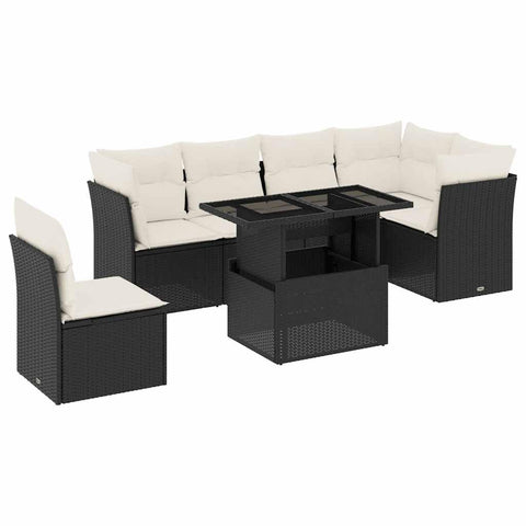 vidaXL Patio Sofa Set with Cushions 7 Piece, Garden Lounge Set, Outdoor Conversation Set, Sectional Sofa for Garden, Modern Style, Black Poly Rattan