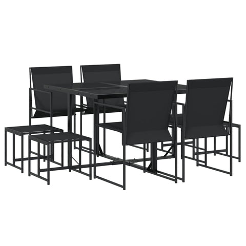 vidaXL Patio Dining Set - 9 Piece Outdoor Black Steel Table and Chairs with Stools, Weather- Textilene Fabric, Foldable Seating