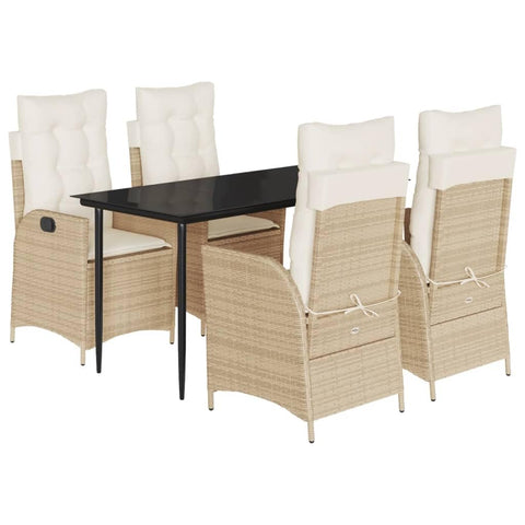 vidaXL 5 Piece Patio Dining Set - PE Rattan Reclining Chairs with Cushions, Tempered Glass Table for Outdoor Garden, Patio, Backyard - Beige/Black