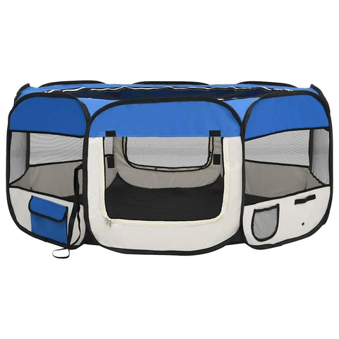 vidaXL Foldable Dog Playpen - Portable Training and Play Area with Carrying Bag - Ideal for Home and Travel - Blue Polyester with Steel Frame - 57.1"x57.1"x24" Size