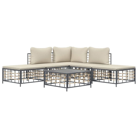 vidaXL 6 Piece Patio Lounge Set with Cushions -Sturdy Anthracite Poly Rattan Outdoor Furniture - Modular Sofa Set with Coffee Table & Footstool - Weather-resistant and Comfortable Seating Experience