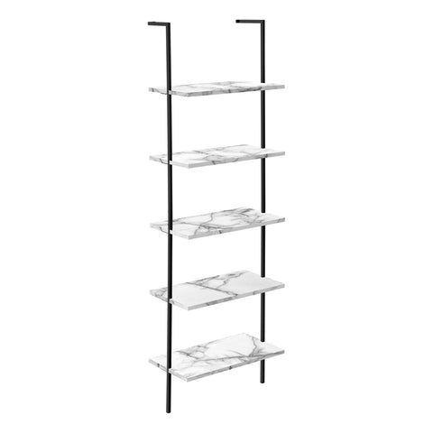 Monarch Specialties I 3685 Bookshelf, Bookcase, Etagere, Ladder, 5 Tier, 72" H, Office, Bedroom, Metal, Laminate, White Marble Look, Black, Contemporary, Modern