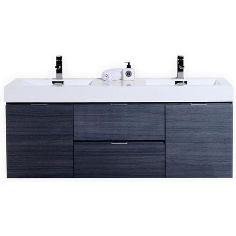 Oakestry Bliss 60 Inch Wall Mounted Bathroom Vanity Gray Oak Finish Modern Floating Cabinet with Double Integrated Ceramic Sinks and Soft Close Drawers for Large Bathrooms
