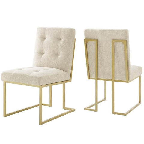 Modway Privy Stainless Steel Upholstered Fabric Dining Accent Chair Set of 2, Gold Beige