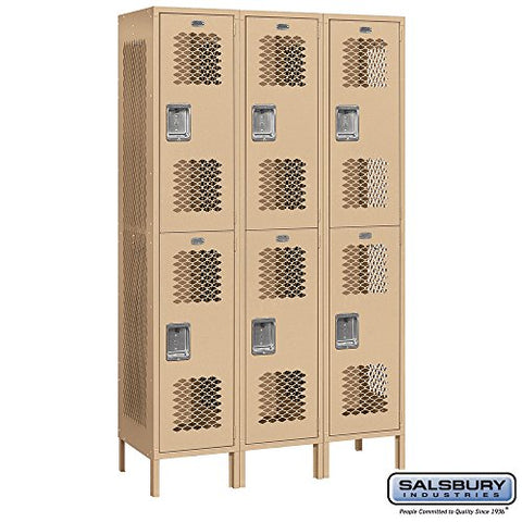 Salsbury Industries Assembled 2-Tier Extra Wide Vented Metal Locker with Three Wide Storage Units, 6-Feet High by 18-Inch Deep, Tan