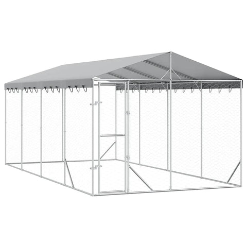 vidaXL Outdoor Dog Kennel - Galvanized Steel Animal Enclosure with Lockable Door and Water- Roof - 9.8x19.7x8.2 Feet - Silver