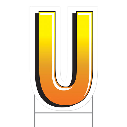 Beistle Plastic Letter U Yard Sign with Metal Stakes-Happy Birthday Party Outdoor Lawn Decoration, 18" x 11.75", Yellow/Orange/White/Black