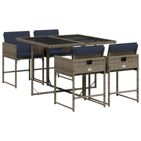 vidaXL Patio Dining Set with Cushions - 5-Piece, Gray Poly Rattan, Garden Furniture, Compact Storage, UV-Resistant, Outdoor Tempered Glass Table, Easy Assembly