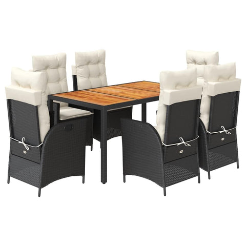 vidaXL 7 Piece Patio Dining Set - Black Poly Rattan with Adjustable Reclining Chairs, Cushions & Acacia Wood Tabletop - Outdoor/Garden/Backyard/Patio Furniture