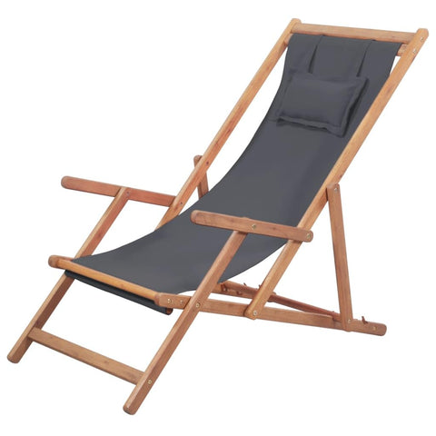 vidaXL Beach Sling Patio Chair, Outdoor Folding Deck Chair with Solid Wooden Frame, Patio Lounge Chair for Balcony, Fabric and Wooden Frame Gray