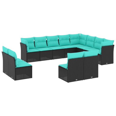 vidaXL 12-Piece Patio Sofa Set with Cushions â€“ Black Poly Rattan Outdoor Garden Modular Furniture â€“ Cushioned Seats for Terrace & Backyard